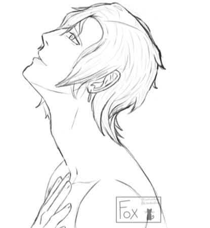 Side-profile Hubert sketch. Hubert is looking up with a hand delicately placed on his chest.